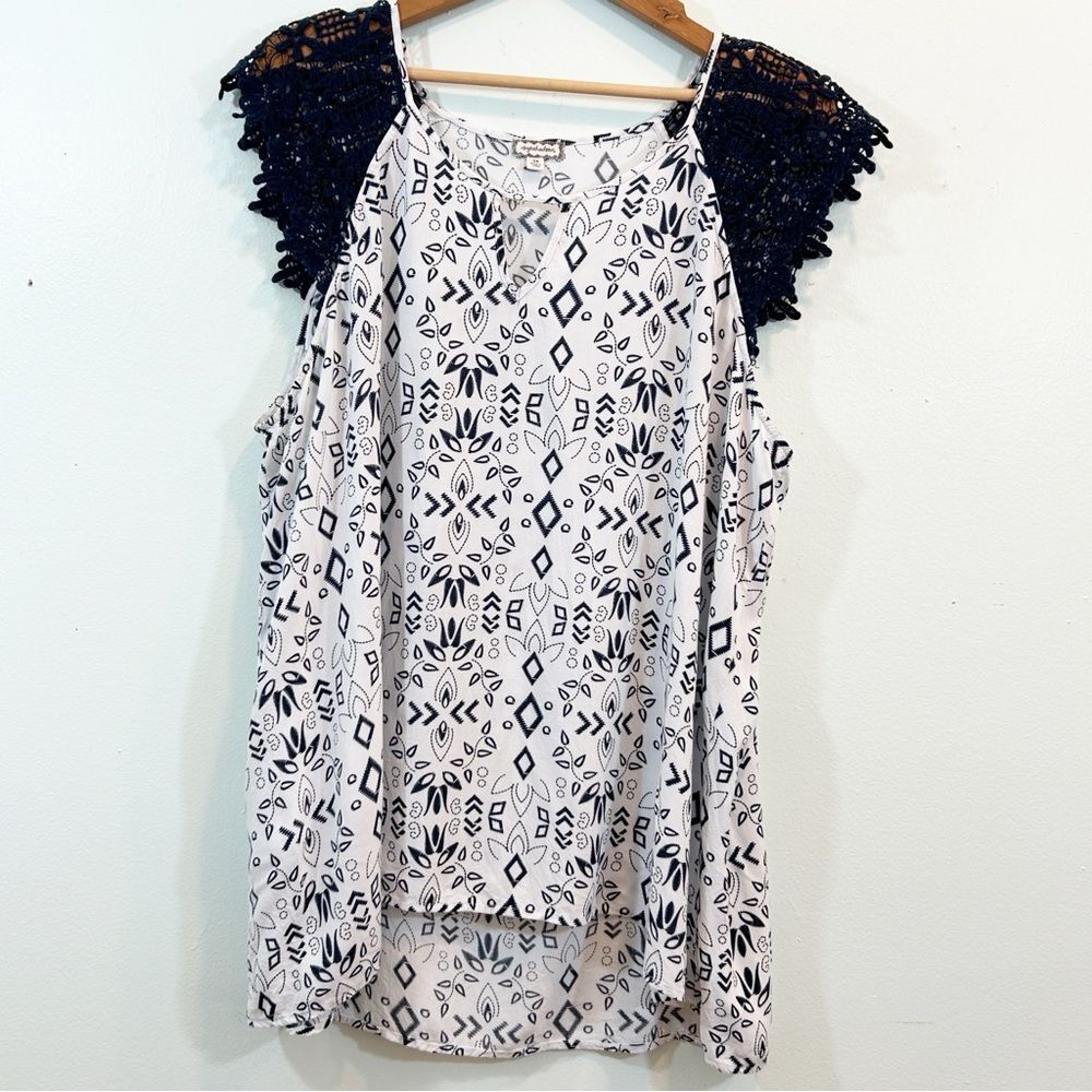 Eyeshadow Navy White Aztec Summer Top Crotchet Lace Sleeves Hi-low Keyhole 3X